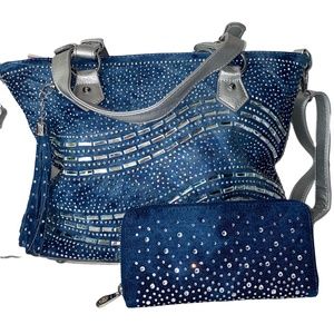 Jean Y2K style purse /overnight bag & wallet set with rhinestone d…